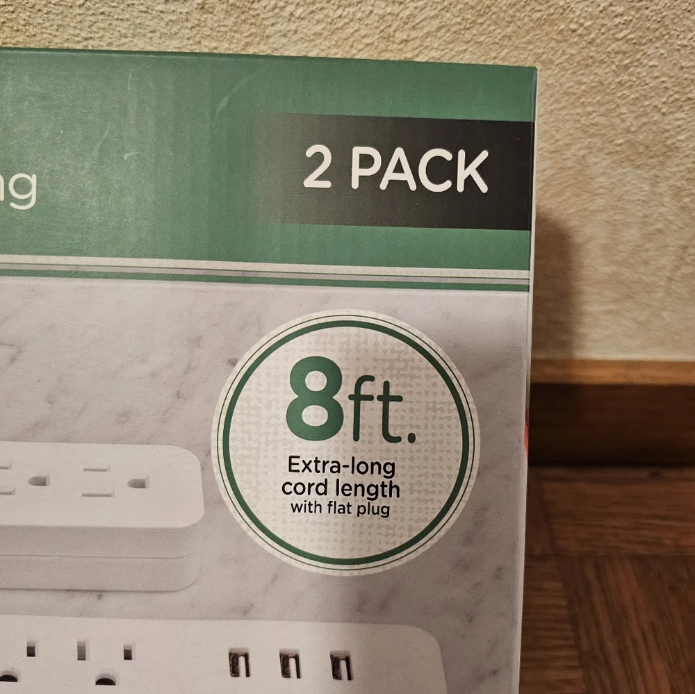 Jasco 2 Pack Extension Cords with USB Charging 8 Ft Extra Long 6 Outlets 3 USB